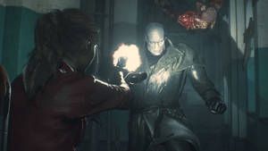 A woman shines a flashlight at a bald monster in a dark industrial hallway. — Resident Evil 2 Remake Picture