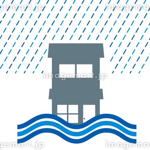 一戸建て　住宅住居、家の洪水、豪雨水害のイラスト　アイコン、シルエット、損害保険自然災害イメージ ストローク,コンビニ,シンボルのイラスト素材