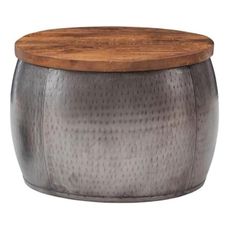 Powell Furniture Linon Reid Small Wood and Metal Drum Table with Storage in Pewter