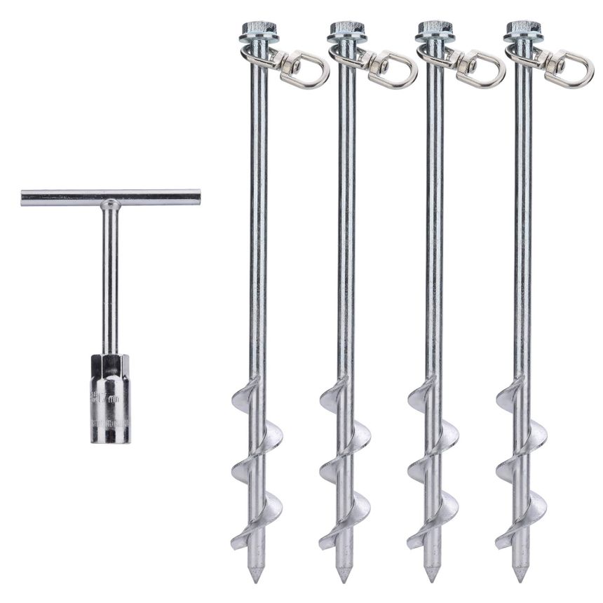 MightyPhine Steel Screw Ground Anchors - Set of 4, 12 Inch, Silver, Metal - Tent Stakes, Trampoline Anchor Kit, Swing Set Anchors, High Wind Resistance