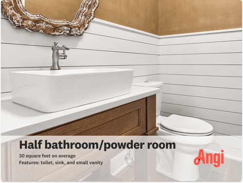 Half bathroom or powder rooms on average measure 30 square feet, with a toilet, sink, and small vanity