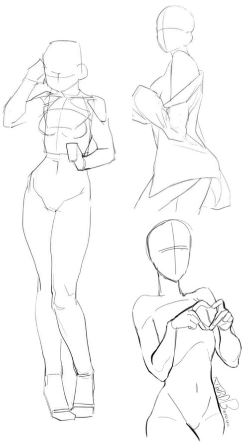 three different poses for the female figure in this drawing lesson, one is showing how to draw