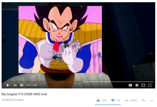 ー 4) 1:07 / 2:08 My longest IT's oOVER 9000 ever 4,399,210 views 348K 115K ^ SHARE =+