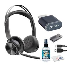 Poly (Plantronics Voyager Focus 2 UC Stereo Bluetooth USB-C-C Headset +USB-C/A Adapter (Microsoft Teams Certified) (9T9J6AA) Bundle Including: Goby Labs Headphone Cleaner, Fiber Cloth