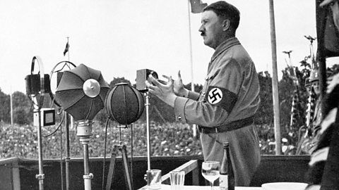 Adolf Hitler delivers a speech during the Party Congress at Nuremberg in 1935
