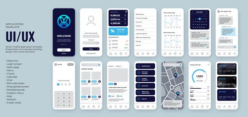 UI UX mobile app template. Blue logo, dark background, round corners shapes, include main screen, menu with icons, map, banking functions, chat and shop elements. Use for mobile bank or shop.