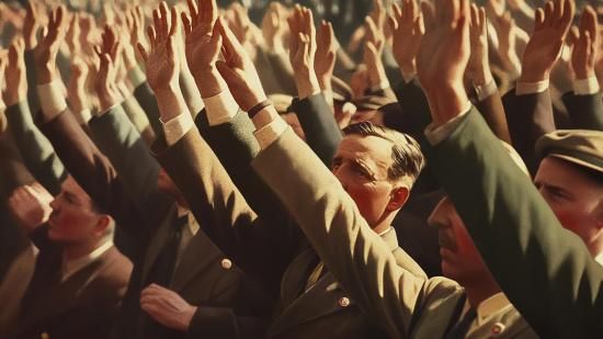ciudadanos realizando el saludo fascista