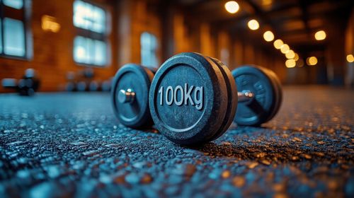 Close-up of 100kg dumbbell on gym floor, intense fitness setting, weightlifting equipment, strength training, exercise space, heavy weight, gym interior, powerful workout, bodybuilding focus
