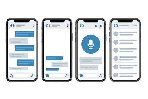 Chat messenger app UI mockup set. Smartphone screen with message interface. Mobile phone with text conversation bubbles, voice message record icon, and chat list vector template.