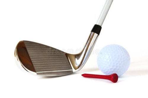 Pitching Wedge, Golf Ball, and Red Tee isolated on a white background. Golf wedge stock images, royalty-free photos and pictures