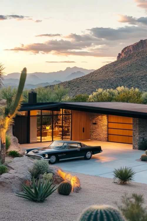 Mid century modern house exterior ranch style front porches with geometric landscaping and vintage car in driveway