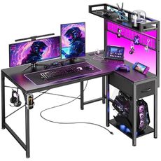 PRAISUN L Shaped Gaming Desk with Shelves, Corner Computer Table with LED Lights, Power Outlets and USB-C Ports, 42 Inch Reversible Home Office Desk with Storage Drawer, Work and Study, Rustic Brown
