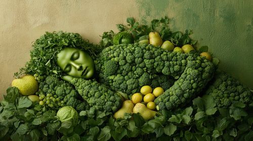 You Are What You Eat, A surreal image depicting a person's body transforming into vegetables, rendered in high fidelity with enhanced details.