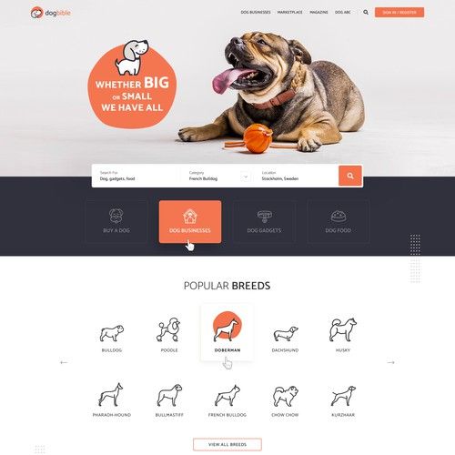Magazine website with the title 'Webdesign for online dog platform / marketplace / magazine'
