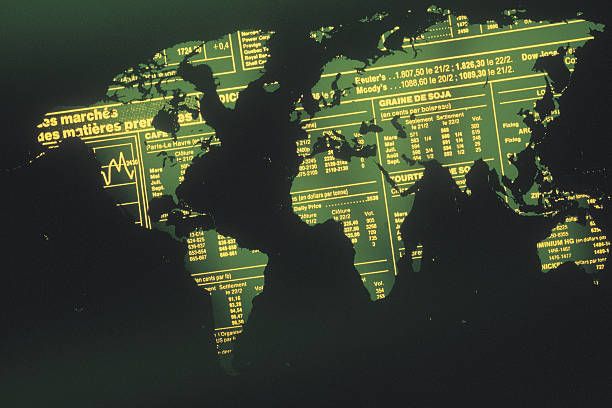 world map with stock market text - map of world with stock ticker stock pictures, royalty-free photos & images