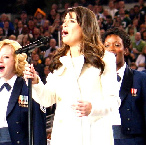 tops in blue lea michele at super bowl xlv cropped