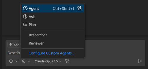 Screenshot showing the Chat view, highlighting the agent picker.
