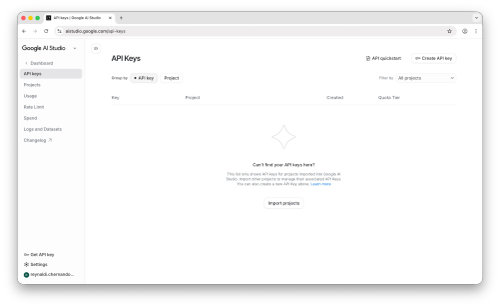 Google AI Studio Get API key page