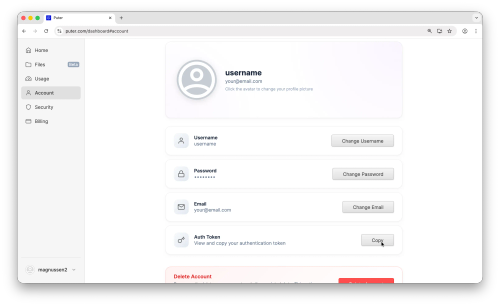 Puter copy auth token