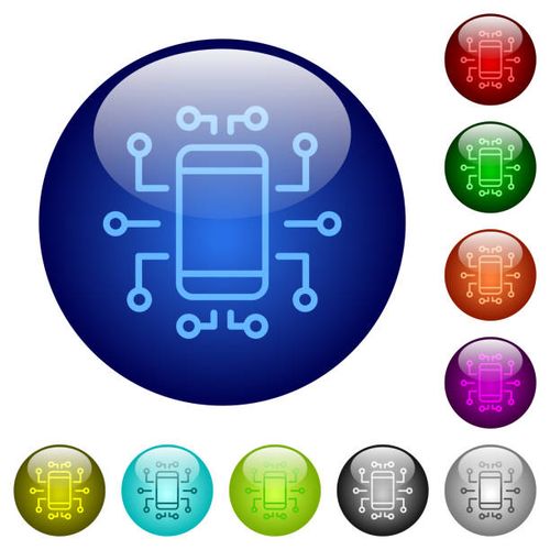 Embedded device outline color glass buttons Embedded device outline icons on round glass buttons in multiple colors. Arranged layer structure embedded systems stock illustrations