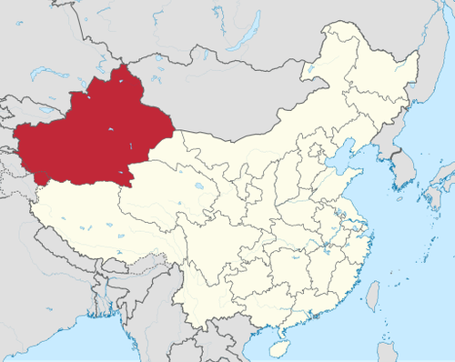 Xinjiang, highlighted red, shown within China