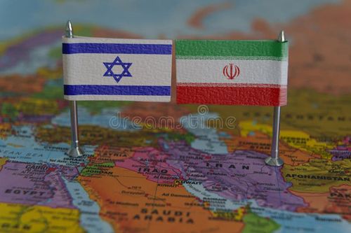 Flags of Israel and Iran placed on a map, symbolizing political tension or international relations. High quality photo. Israel map stock images, royalty-free photos and pictures
