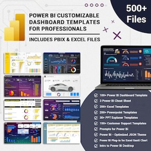May include: An image showcasing Power BI customizable dashboard templates for professionals. The image includes a laptop displaying a dashboard, along with various dashboard examples and a list of included files, such as Excel templates and Powerpoint templates.