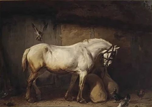 Vintage Grey/White Horse & Dog Print on Canvas Wall Art Unframed 30 x 40cm (A3) - Image 1 of 4