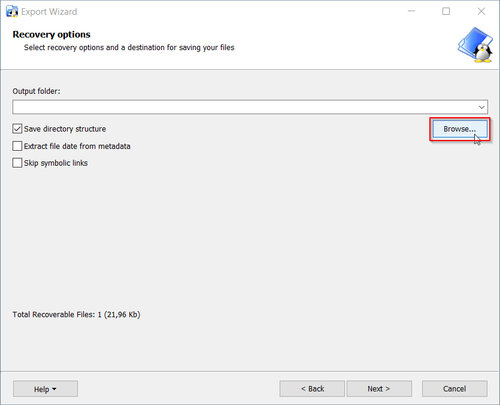 Linux Reader - Cliquer sur Browse pour choisir l'emplacement de sauvegarde
