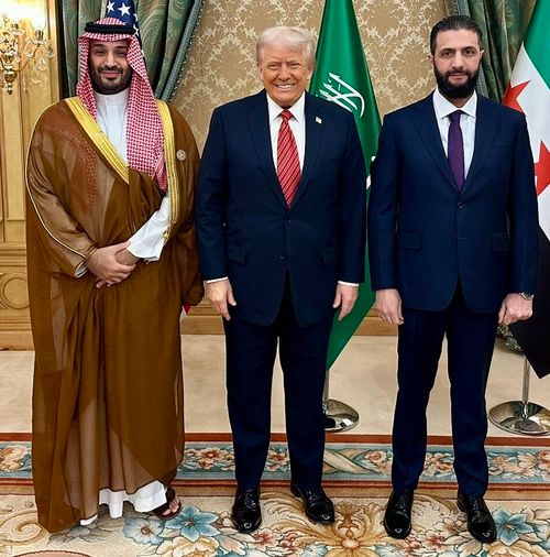 president donald trump with saudi crown prince mohammed bin salman and president of syria ahmed al sharaa 2025 cropped