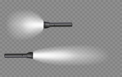 Flashlight on a transparent background. Shine lighting torch. Vector