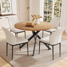 HIPIHOM 45.3 Inch Round Dining Table Set for 4, Mid Century Modern Small Kitchen Coffee Set for Dining Room Kitchen Apartment (Oak Table + 4 White Chairs)
