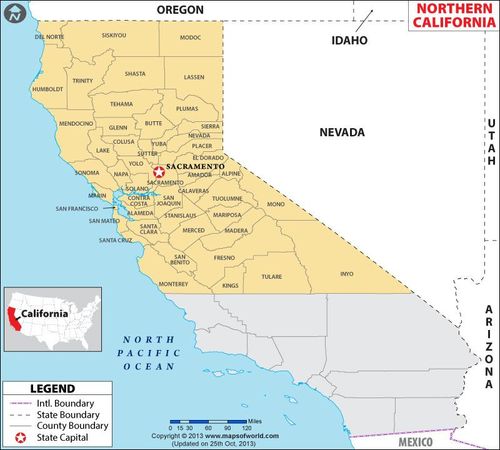 a map of the state of california with major cities and roads in red, white and blue
