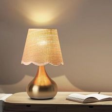 Small Table Lamp - Brass Gold Mini Table Lamps for Bedroom Vintage Decor Bedside Lamps for Night Stands Scalloped Rattan Shade Desk Lamp for Kids Room, Living Room, College Dorm, Home, Kitchen