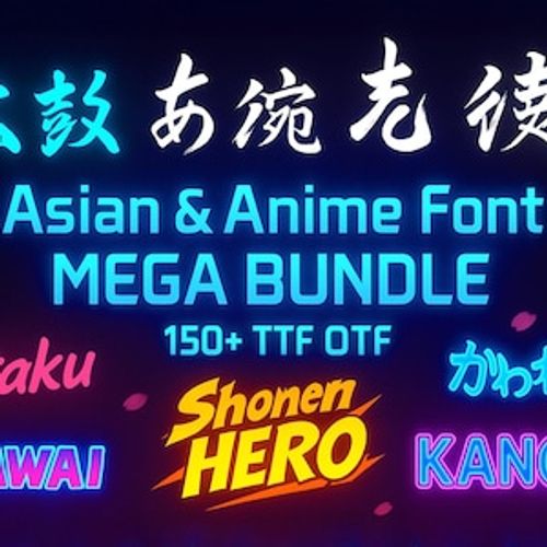 May include: A digital graphic with the text "Asian & Anime Font MEGA BUNDLE" in neon blue. Additional text includes "Otaku", "KAWAI", "Shonen HERO", and "KANGA" in various colors. The image also features Japanese characters.
