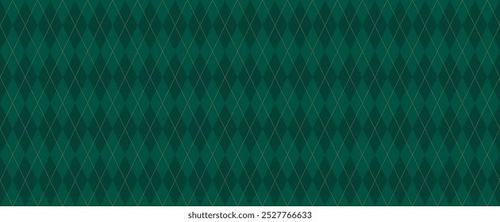 Dark Green Argyle Vector Pattern. Christmas Background. Golf Textile Print. Emerald Diamonds with Gold Accent Lines. Seamless Pattern Tile. Stock Vector
