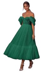 Tea-Length Off The Shoulder Puffy Cocktail Dress Tulle Prom Dresses for Women, Formal Evening Party Gown Hunter Green