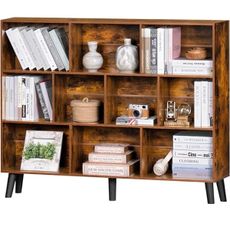 LEYAOYAO 10 Cube Bookshelf, 3 Tier Vintage 55.12" Wide Bookcase with Legs, Mid-Century Wood Bookshelves Storage, Brown Large Book Case, Freestanding Organizer Display Shelf for Living Room, Office