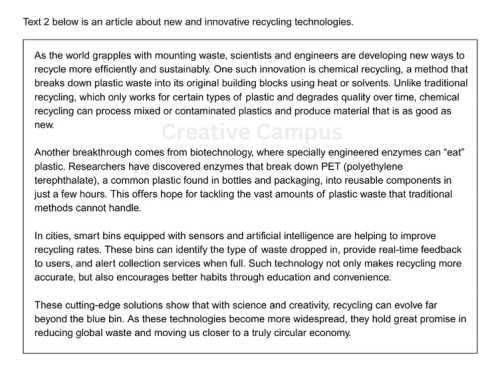 Article explaining innovative recycling technologies used in PSLE visual text comprehension example.