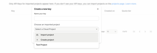 Import or create a project to generate Gemini API Key