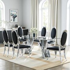 7 Piece Modern Dining Table Set, 70" Large Tempered Glass Kitchen Table with Mirrored Silver Stainless Steel Base and 6 Black PU Leather Oval High Back Chairs, for Dining Room and Living Room