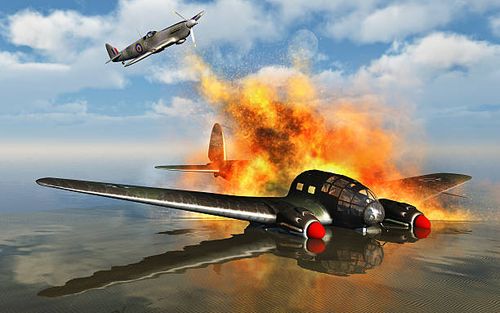 a german heinkel he 111 bomber shot down by a royal air force spitfire. - heinkel he 111 stock illustrations