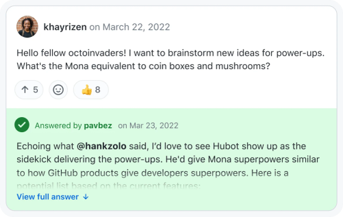 The image is a screenshot of a forum discussion. The first comment, posted by "khayrizen" on March 22, 2022, asks for brainstorming new power-up ideas for a character named Mona. This comment has received 8 thumbs-up reactions and 5 up votes. Below it, "pavbez" responds, suggesting that a character named Hubot could deliver the power-ups, giving Mona superpowers similar to those provided by GitHub. The discussion highlights community engagement with reactions and replies.