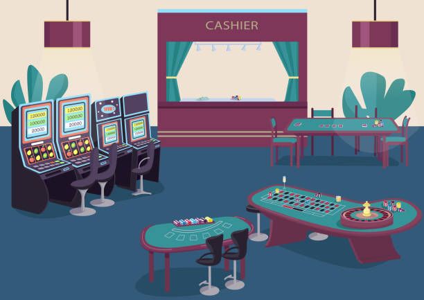 Gambling flat color vector illustration. Slot and fruit machines row. Green table to play poker. Blackjack game desk. Casino room 2D cartoon interior with cashier counter on background Gambling flat color vector illustration. Slot and fruit machines row. Green table to play poker. Blackjack game desk. Casino room 2D cartoon interior with cashier counter on background casino interior stock illustrations