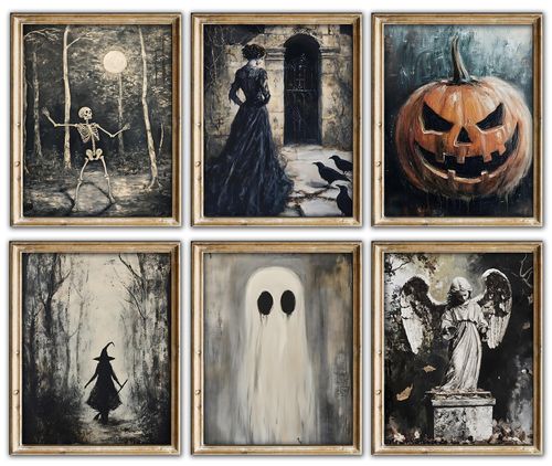 Halloween Gothic Wall Art Prints – Dark Academia Spooky Posters Set of 6, Vintage Haunted House Witch Skeleton Ghost Pumpk...