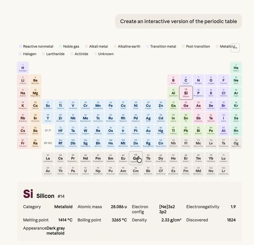 An interactive periodic table generated by Claude.