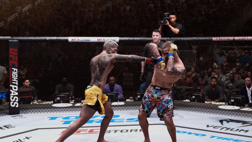 In game frame showcasing a parry to an opponents forward jab in a cage match in UFC6.