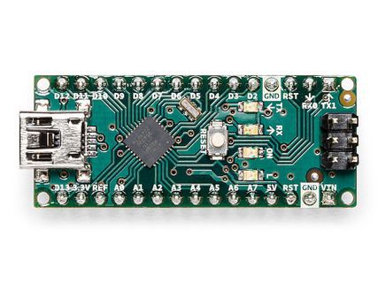 Front-facing view of the Arduino Nano board, clearly showing the microcontroller, components, and pin headers.