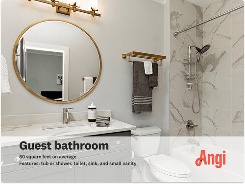 Guest bathrooms on average measure 80 square feet, with a tub or shower, toilet, sink, and small vanity