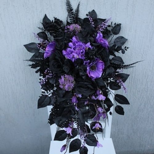 Purple black wedding bouquet, cascading bridal bouquet, dark bouquet, gothic wedding decor, silk flower bouquet image 1